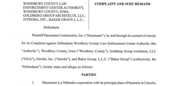 Hausmann Construction suing Woodbury County, LEC Authority, Introba, Goldberg Group Architects, and Baker Group