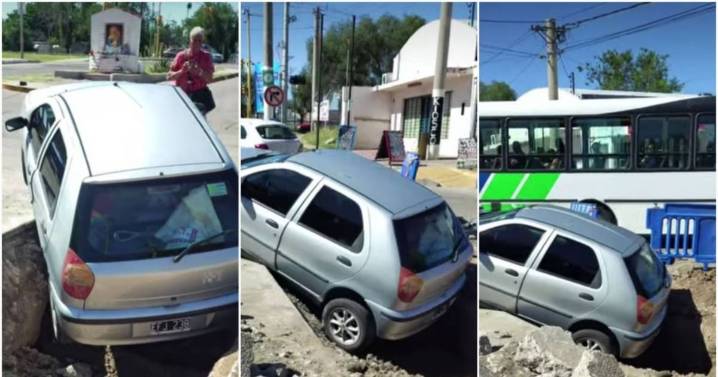Un auto cayó en un importante "pozo" de una obra en San Luis