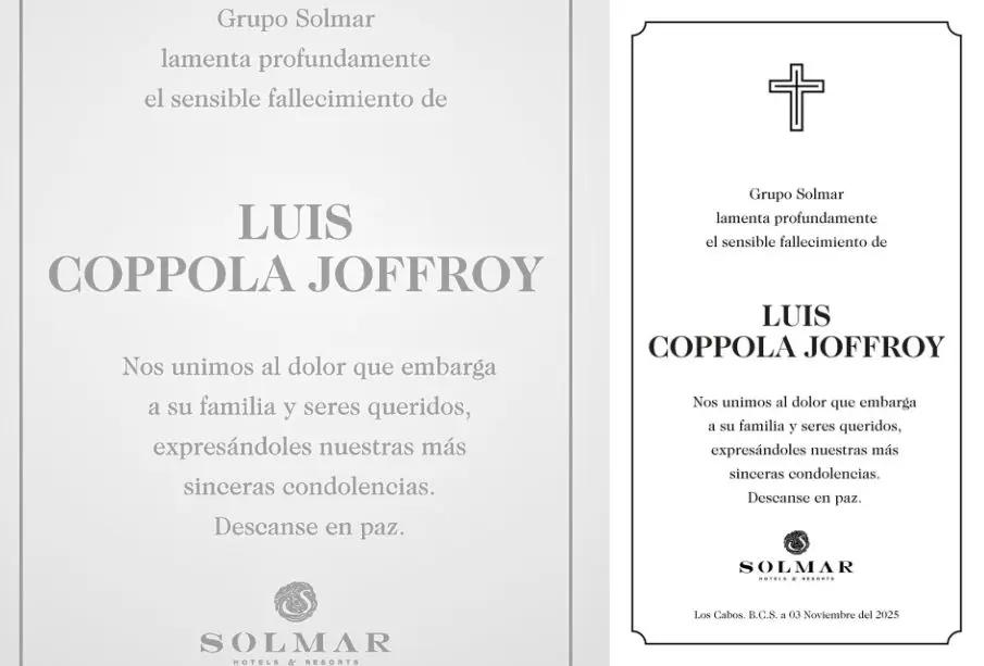 Esquela de Luis Coppola Joffroy, emitida por Solmar