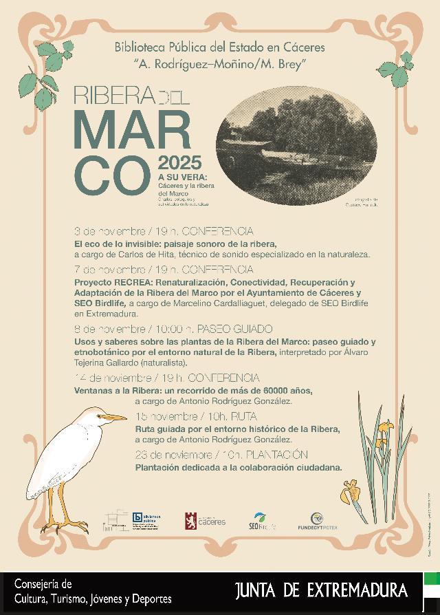 La Biblioteca Pública de Cáceres organiza el V Encuentro 'A su Vera: Cáceres y la Ribera del Marco', un programa que invita a redescubrir el paisaje natural y cultural de la ciudad