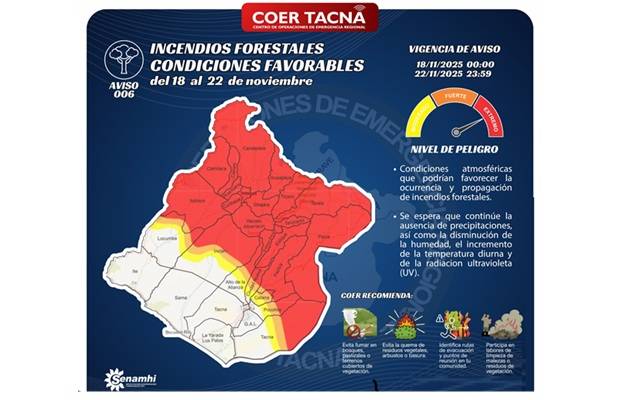 ALERTAN CONDICIONES FAVORABLES PARA INCENDIOS FORESTALES EN TACNA DEL 18 AL 22 DE NOVIEMBRE