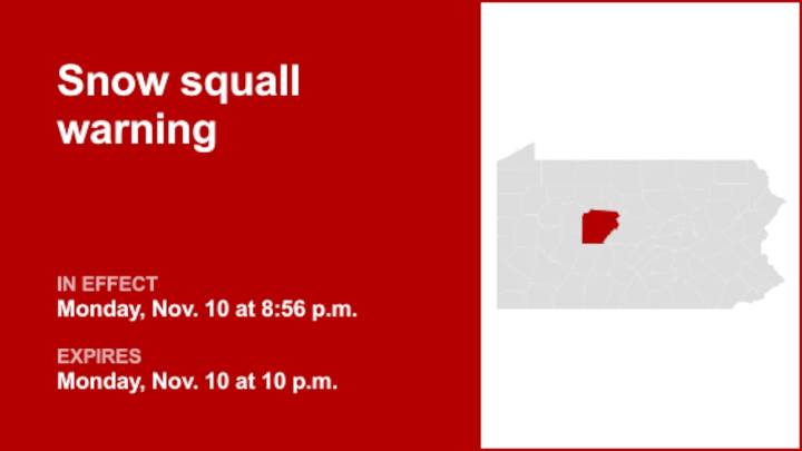 Snow squall warning in place for Clearfield County Monday night
