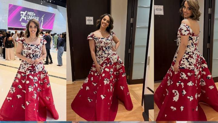 Indian Badminton player Sania Nehwal dazzles in red floral gown at Miss Universe 2025