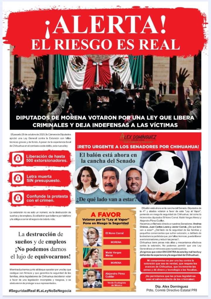 Álex Domínguez lanza desplegado con reto público a los Senadores de la República por Chihuahua