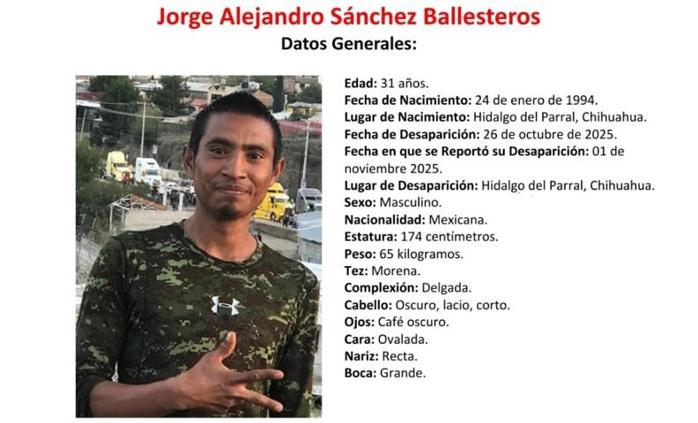 Buscan a Jorge Alejandro Sánchez Ballesteros, desaparecido en Parral