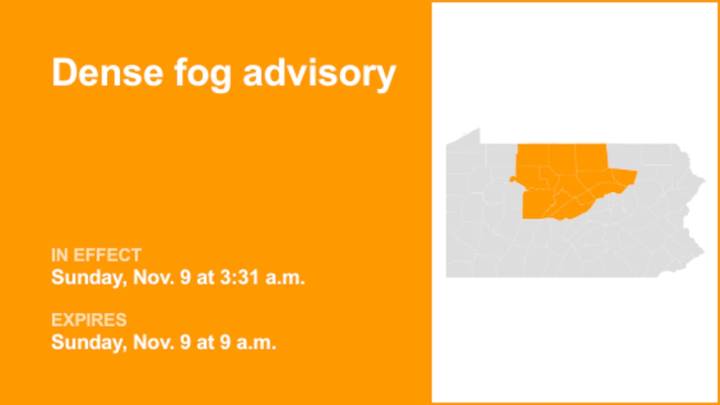Dense fog advisory issued for North Central Pa. until Sunday morning