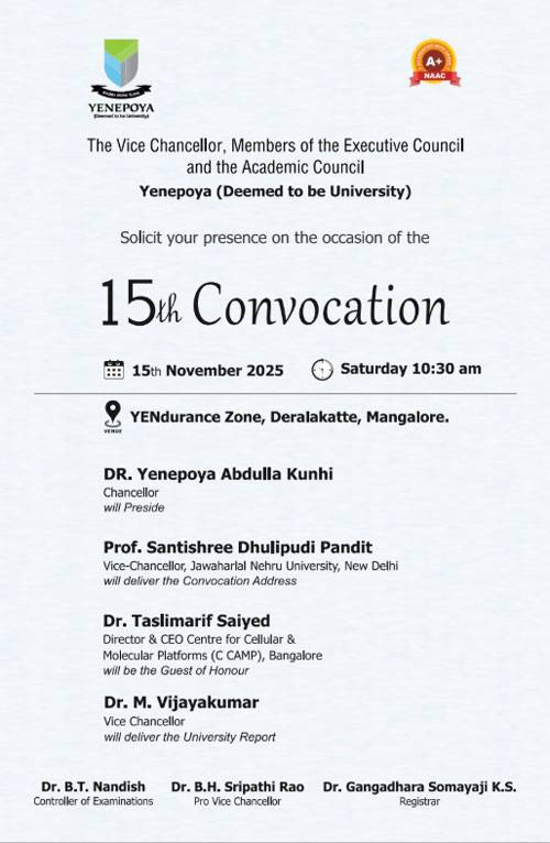 15th convocation of the Yenepoya (Deemed to be University) to be held on Nov 15