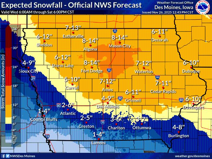Heavy Snowfall Expected Across Much of Iowa Through Saturday