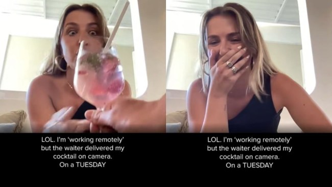 Woman's 'WFH' set up at hostel bar exposed when waitstaff handed her a drink in awkward video call with her boss