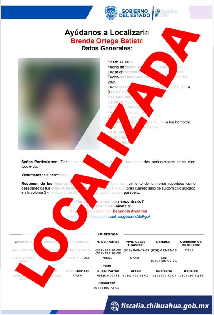 Localiza Fiscalía a adolescente con reporte de ausencia en colonia Sierra Azul