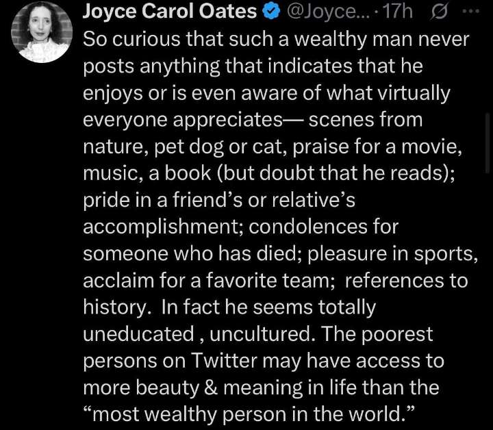 Joyce Carol Oates (87) Cooks Elon Musk: ohnotheydidnt