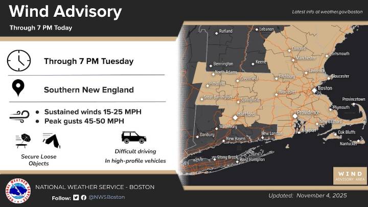 Strong wind gusts could cause damage in Mass. Tuesday