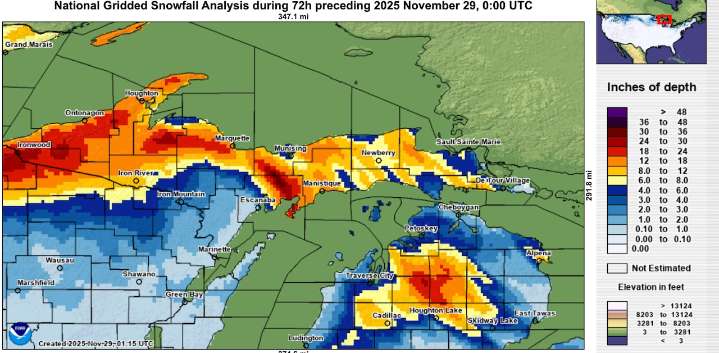 Upper Peninsula’s Thanksgiving storm snowfall totals are being measured in feet