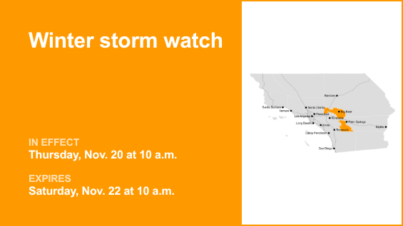 Winter storm watch issued for San Bernardino County Mountains and Riverside County Mountains from Thursday to Saturday