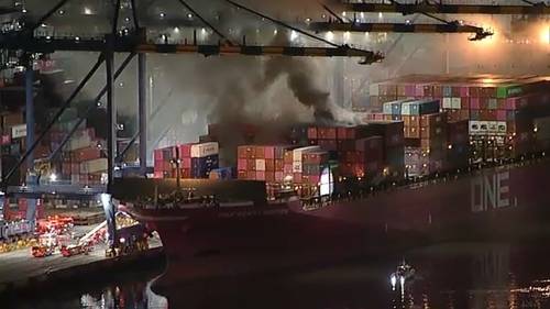 Fire erupts on container ship at Port of Los Angeles in San Pedro