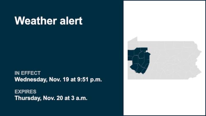 Weather alert affecting part of Pennsylvania until 3 a.m. Thursday