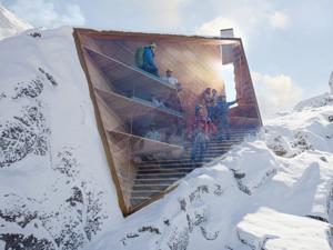 New glass shelter blends right into the rocks of mountain