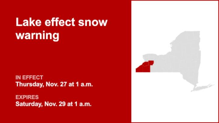 Lake effect snow warning affecting New York from Thursday to Saturday