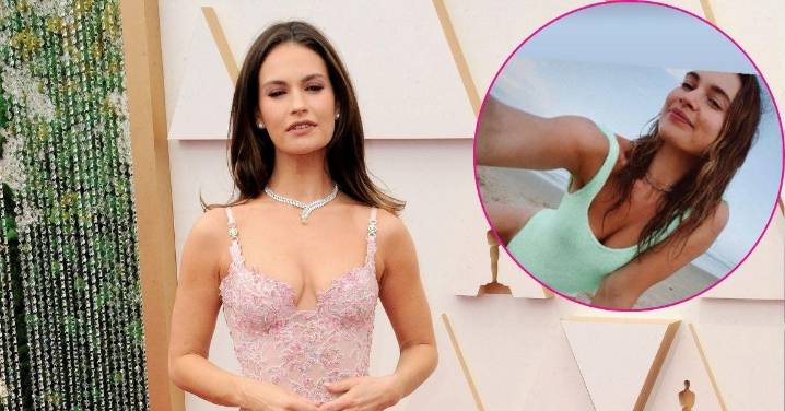 Lily James Is a Bombshell in Skin-Tight Green Swimsuit During Australian Vacation: Photo