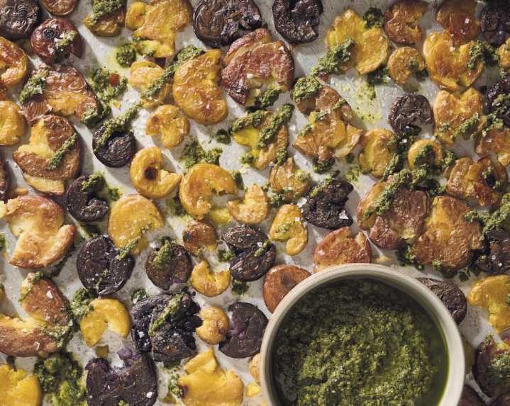Recipe: Roasted smashed baby potatoes with wild greens pesto