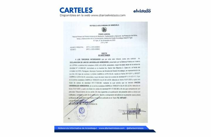 Edicto del Tribunal Primero de Protección de Niños, Niñas y Adolescentes del estado Anzoátegui en atención a la solicitud de Declaración de Únicos y Universales Herederos de Gabriela Teresita Silva de