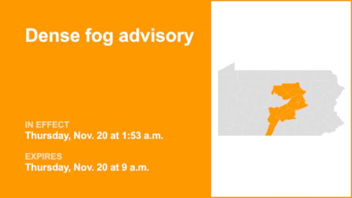 Dense fog advisory affecting Central Pa. until Thursday morning