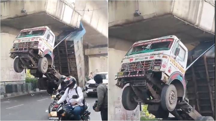 Bizarre! Jaipur Municipal Corporation's Dumper Gets Stuck Under Elevated Road Disrupting Traffic; Video Goes Viral