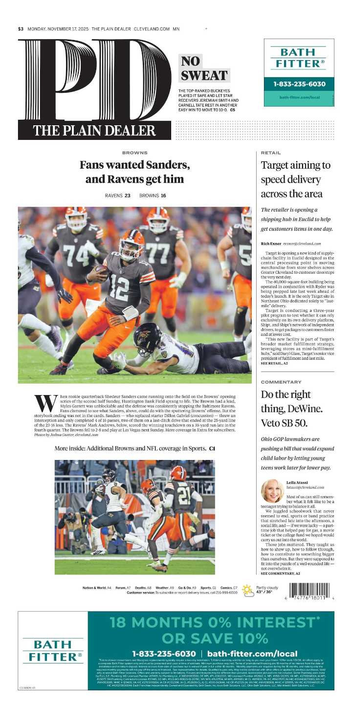 The Plain Dealer’s front page for November 17, 2025