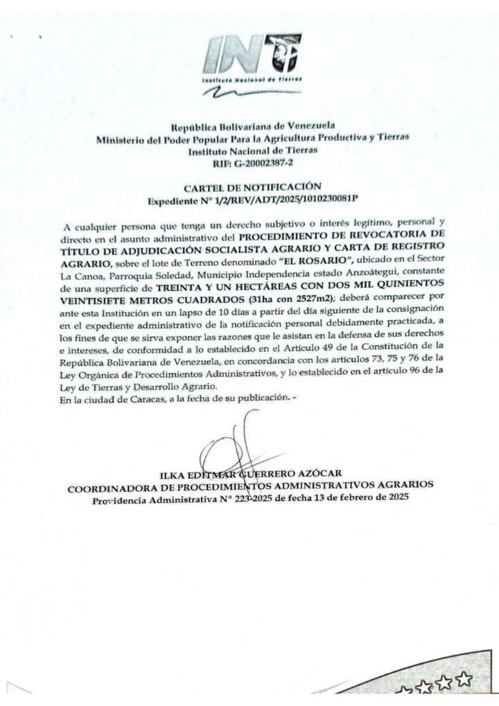 Cartel INTI sobre el lote de terreno «El Rosario» ubicado en el municipio Independencia del estado Anzoátegui
