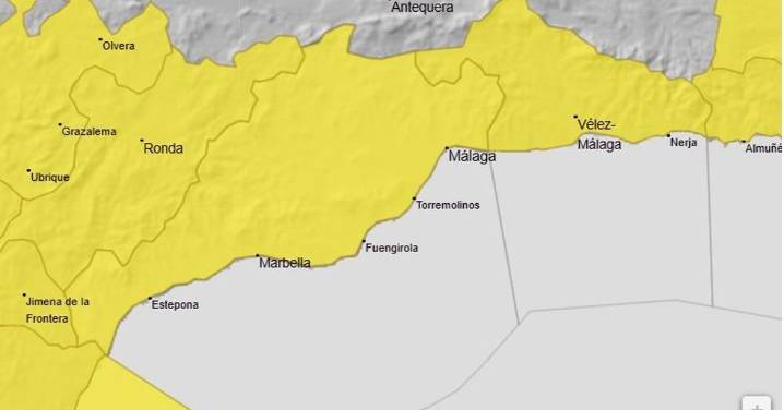 Aemet amplía el aviso amarillo por fuertes lluvias y tormentas en Málaga
