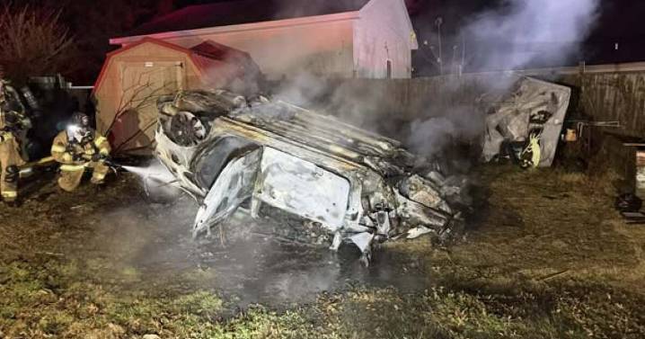 Driver escapes after car flips over, catches fire in Somerset