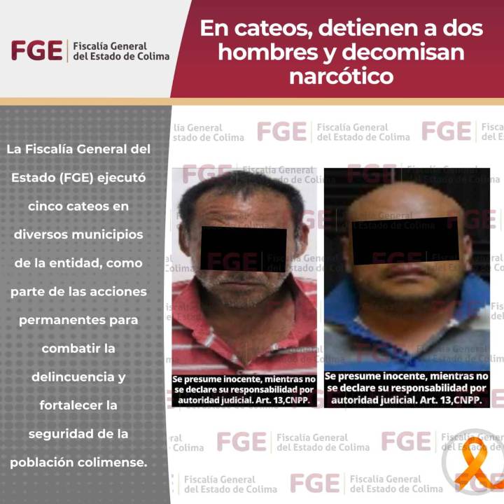 En cateos, detienen a dos hombres y  decomisan narcótico; en Villa de Álvarez, Coquimatlán, Tecomán y Manzanillo