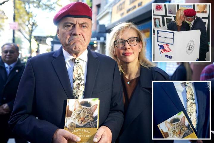NYC mayoral hopeful Curtis Sliwa shows up to election poll site in cat tie and a book for feline lovers