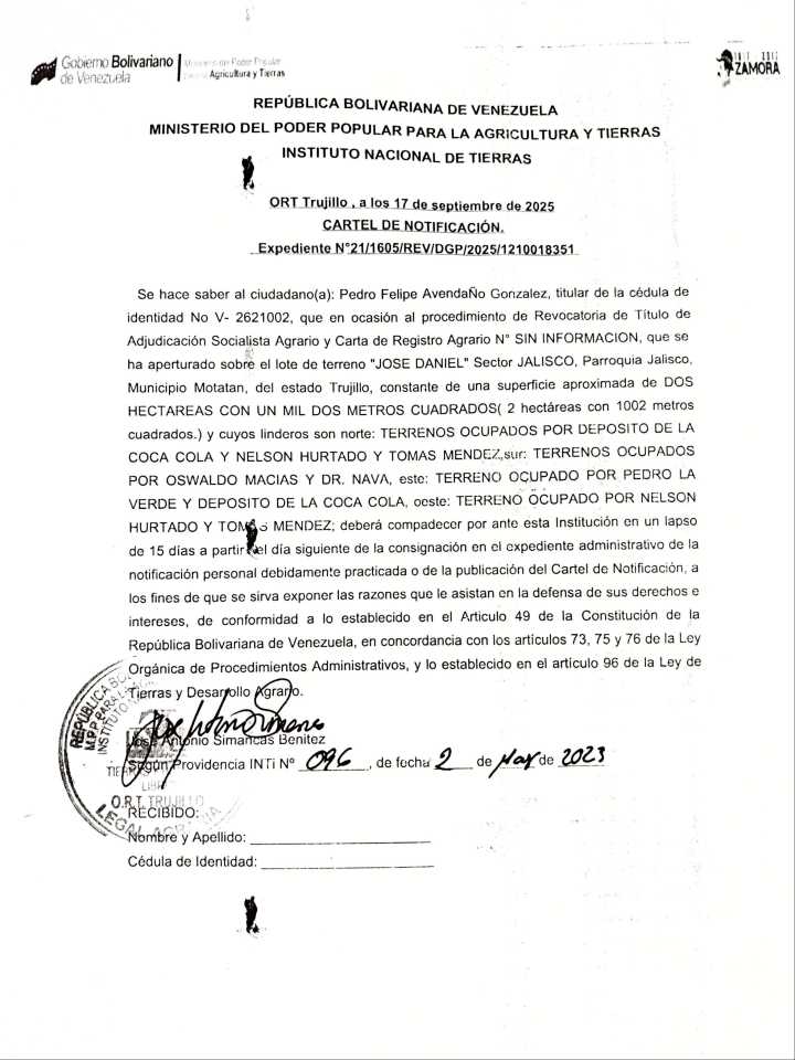 Cartel de notificación al ciudadano PEDRO FELIPE AVENDAÑO GONZALEZ, titular de la cédula de identidad Nº V