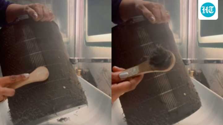 Delhi woman cleans clogged air purifier as city battles severe AQI