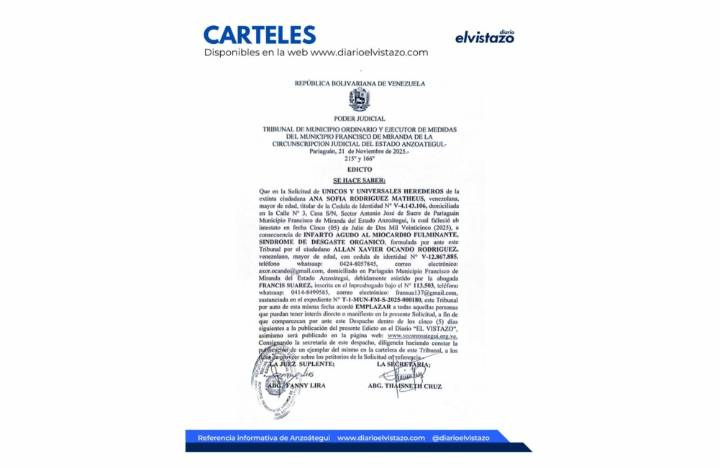 Edicto del Tribunal Municipal del municipio Francisco de Miranda, en atención a la solicitud de Declaración de Únicos y Universales Herederos de Ana Sofía Rodríguez Matheus