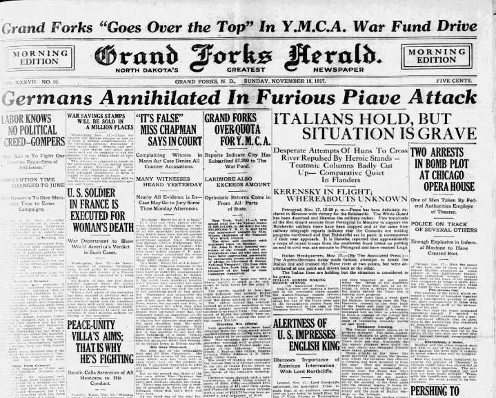 Today in History: November 18, 1917 - Grand Forks over quota for Y.M.C.A.