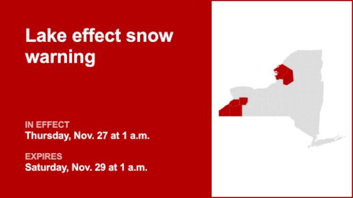 NY weather: Lake effect snow warning in place for part of New York from Thursday to Saturday