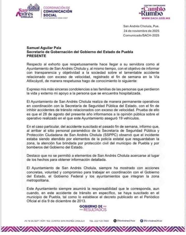 Comunicado-Tras arrancones en Vía Atlixcáyotl