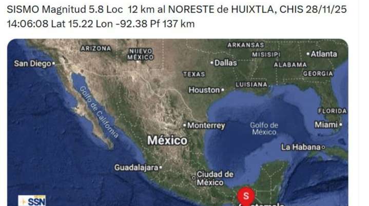 Sismo de magnitud 5.8 sacude Chiapas; epicentro al noreste de Huixtla, sin daños reportados hasta el momento