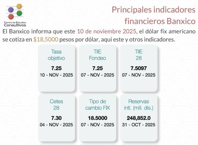 Banxico informa de los principales indicadores financieros al 10 de noviembre
