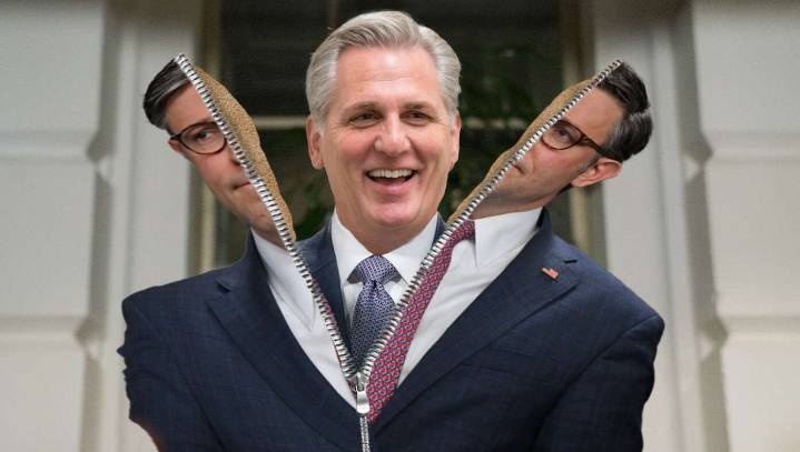 Mike Johnson Unzips Skinsuit Revealing He Was Kevin McCarthy All Along