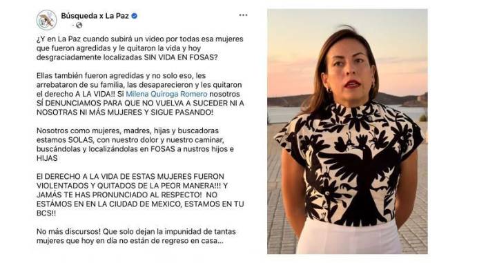“Búsqueda X La Paz” reclama a Milena Quiroga su silencio ante la violencia contra mujeres en BCS