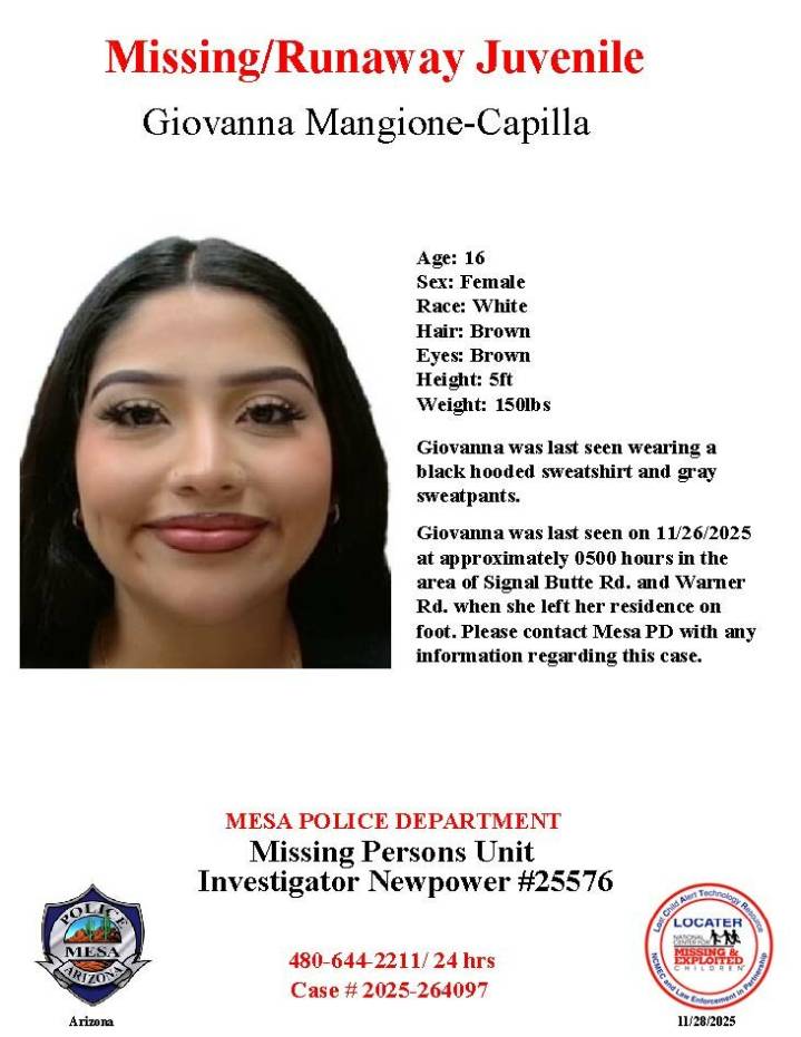 Giovanna Mangione-Capilla, 16, missing from Mesa, police say