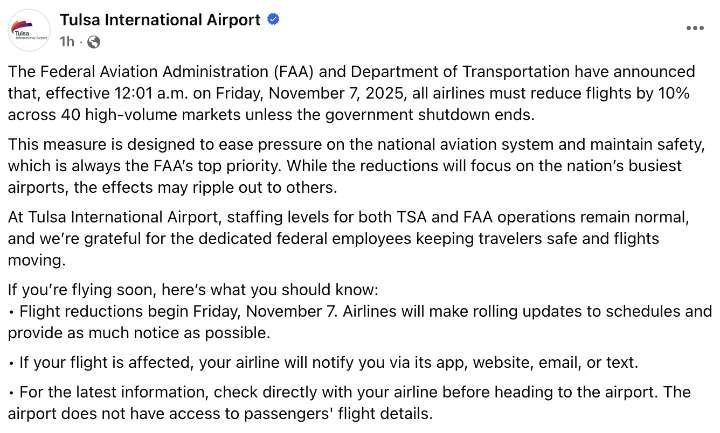 Travelers in Tulsa bracing for effects of FAA flight cuts amidst shutdown