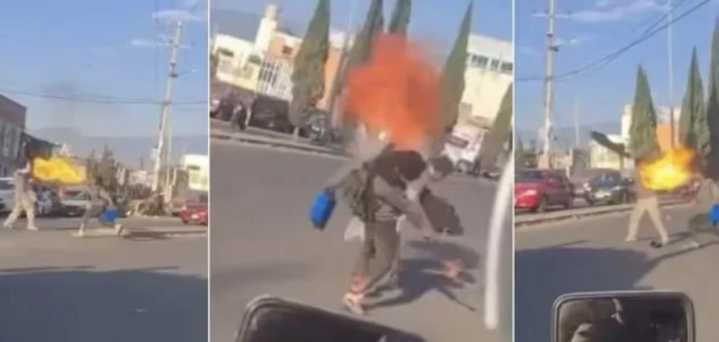 Pelea entre limpiaparabrisas y tragafuegos paraliza crucero en Chalco (Video)