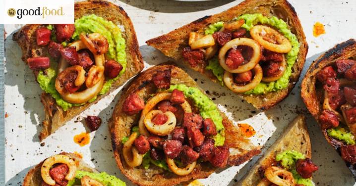 Broad bean, squid and chorizo crostini