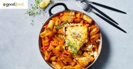 Tomato, harissa and chickpea pasta with charred hot honey feta