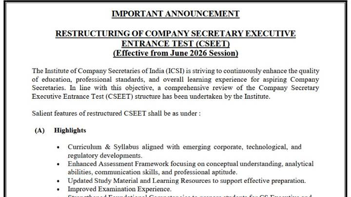 ICSI Announces Major Overhaul Of CSEET; New Structure Effective From June 2026
