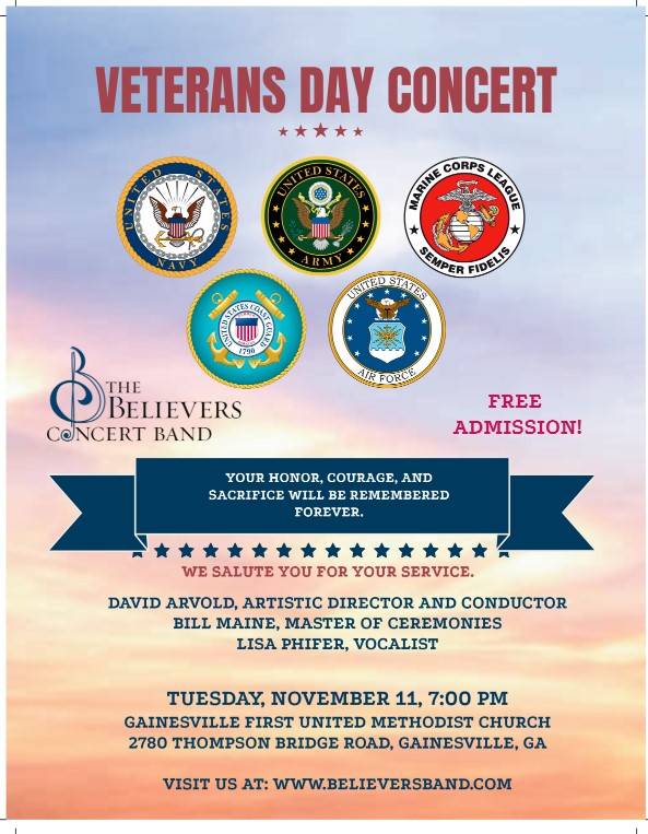Veterans Day Concert At Gainesville First UMC Featuring The Believers Concert Band November 11
